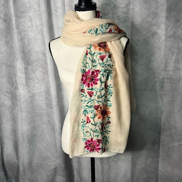 Accessories - Floral Embroidered Cream Scarf Shawl or Wrap
